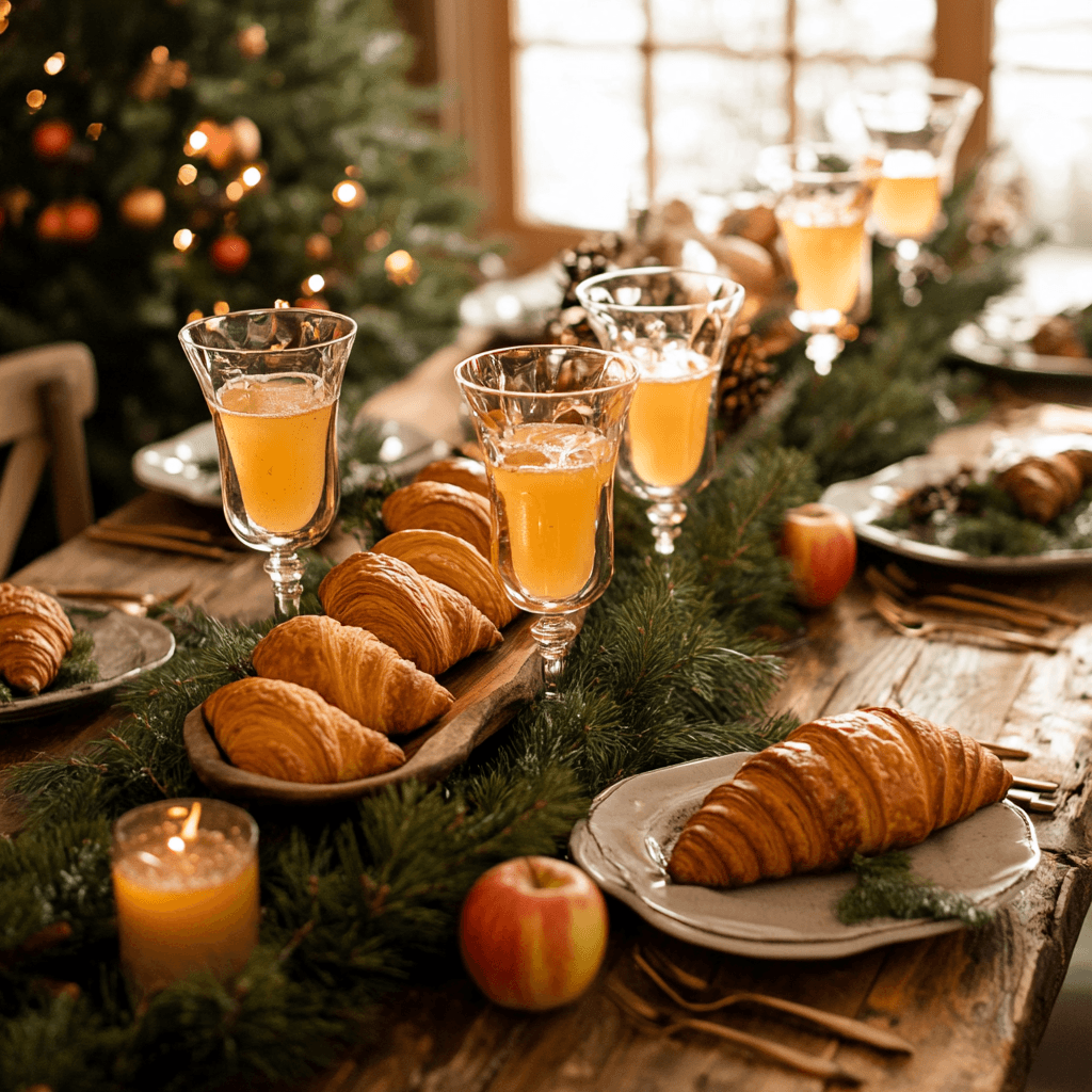 A brunch table with apple cider mimosas, pastries, and fall decorations