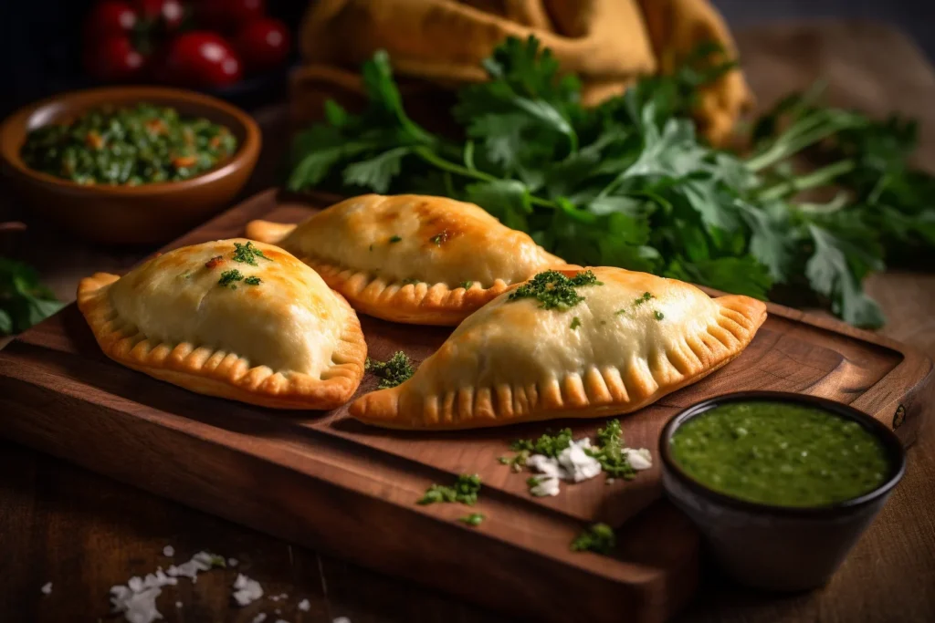 Argentinian empanadas served with chimichurri sauce.