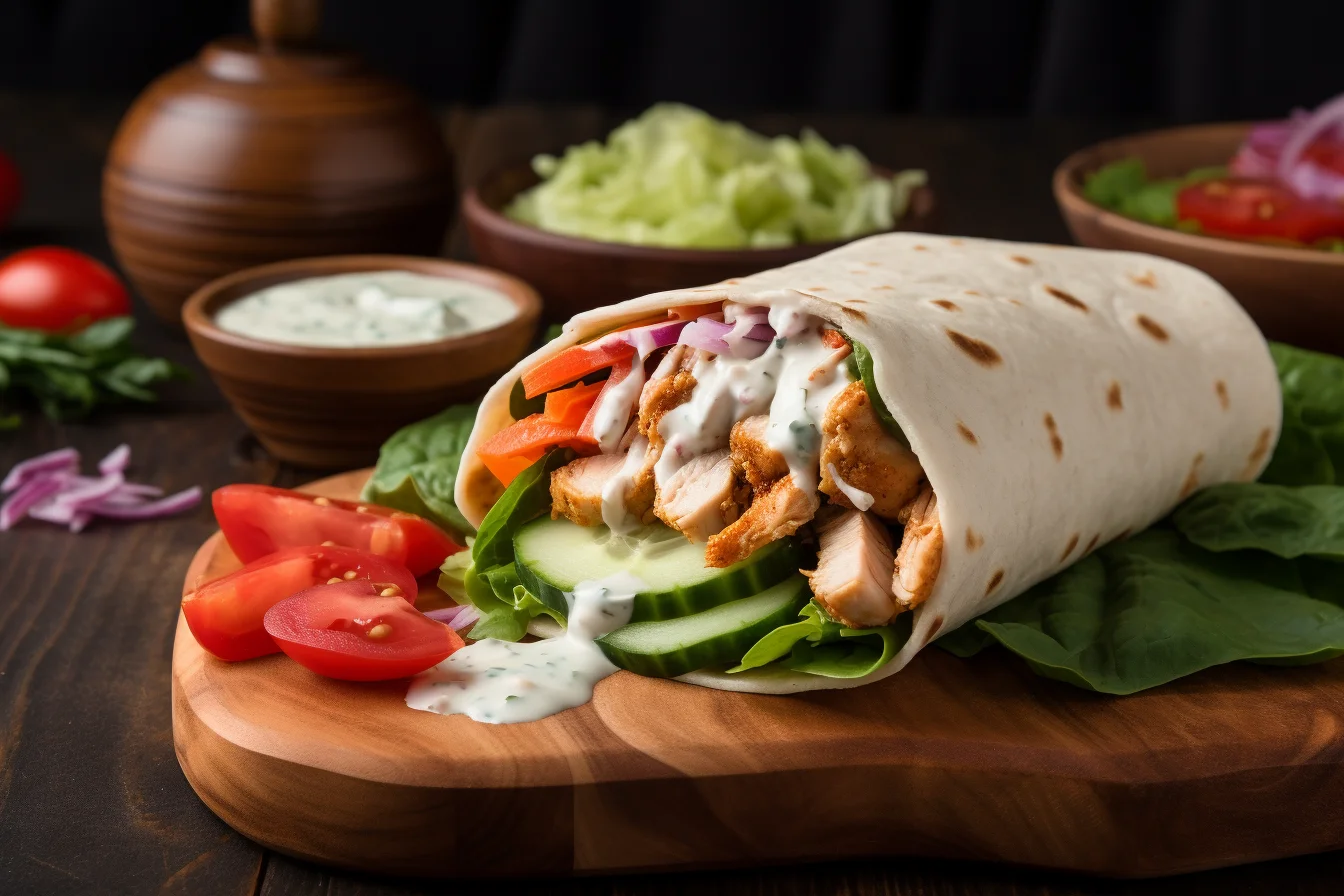 Chicken and salad wrap with fresh vegetables.
