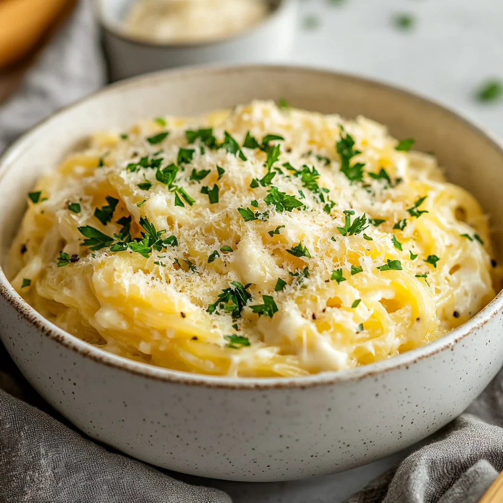 Spaghetti squash in creamy Alfredo sauce with parsley.