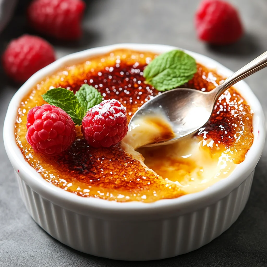 A golden caramelized crème brûlée top with a spoon cracking through