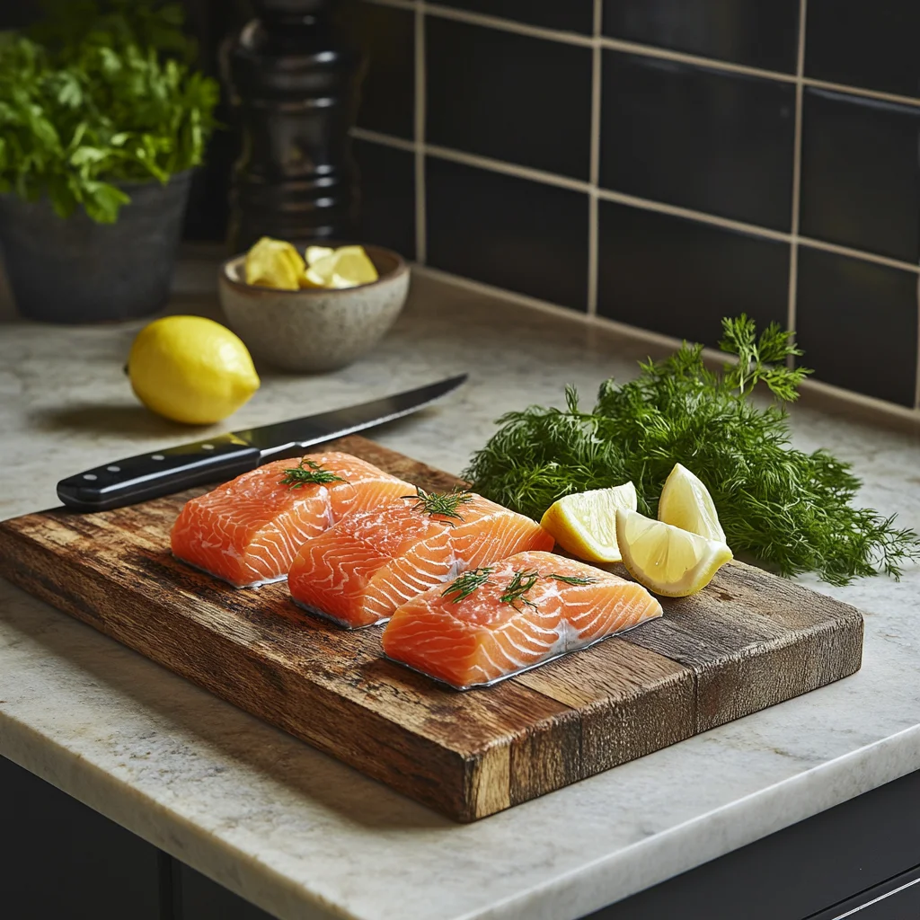 Fresh Sitka salmon fillets on a wooden cutting board with herbs and lemon slices.