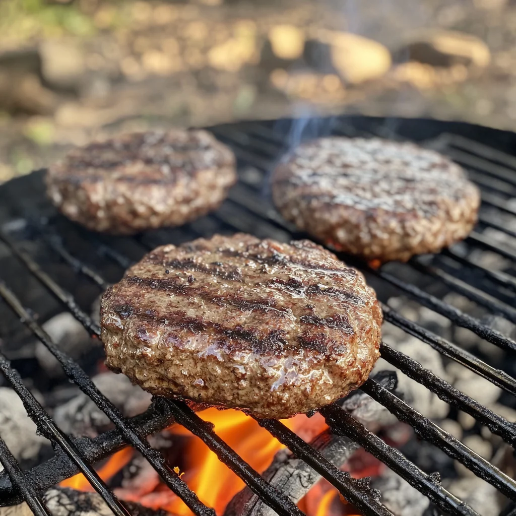 Burger patties sizzling on a grill.