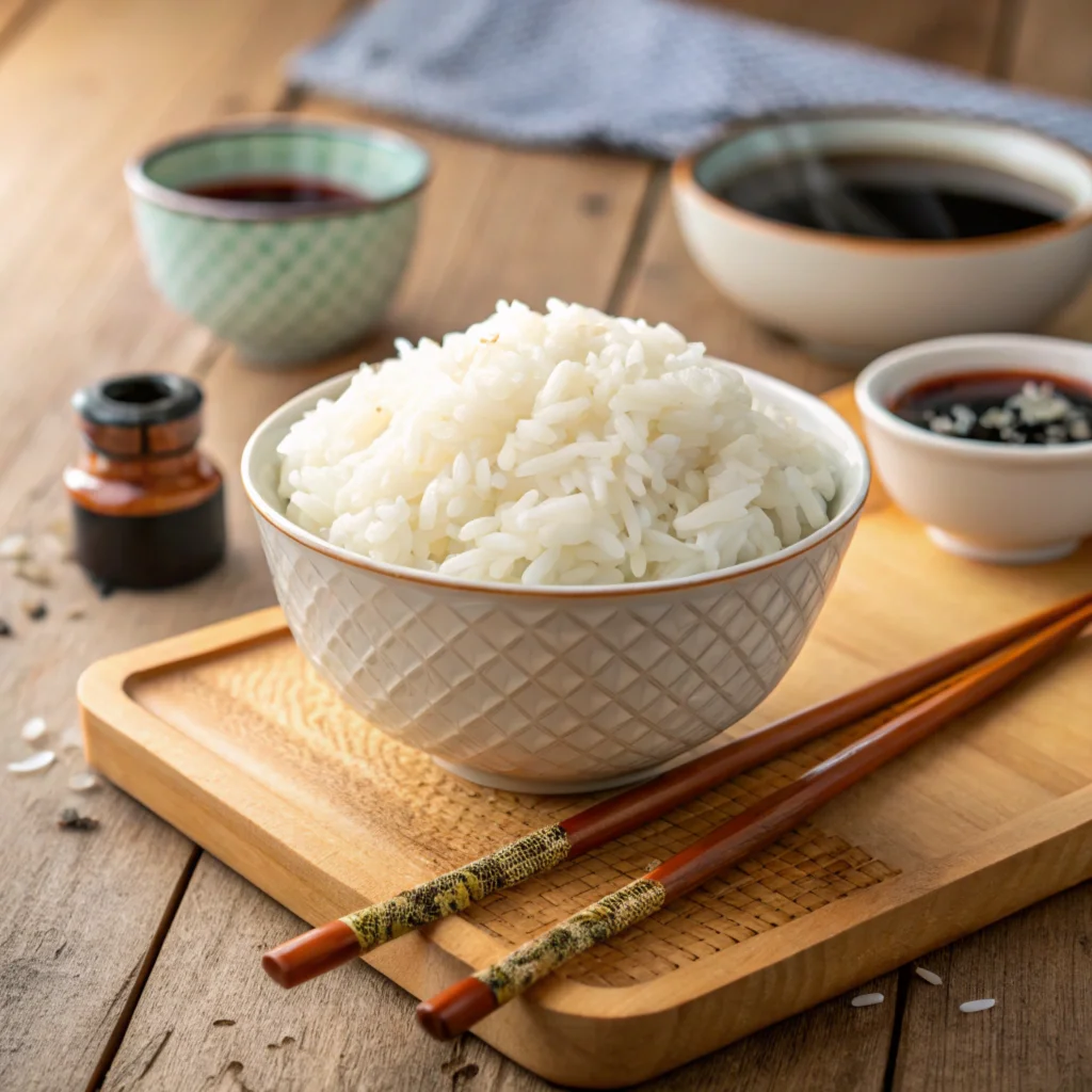 Fluffy white rice prepared with a simple rice cooker recipe.