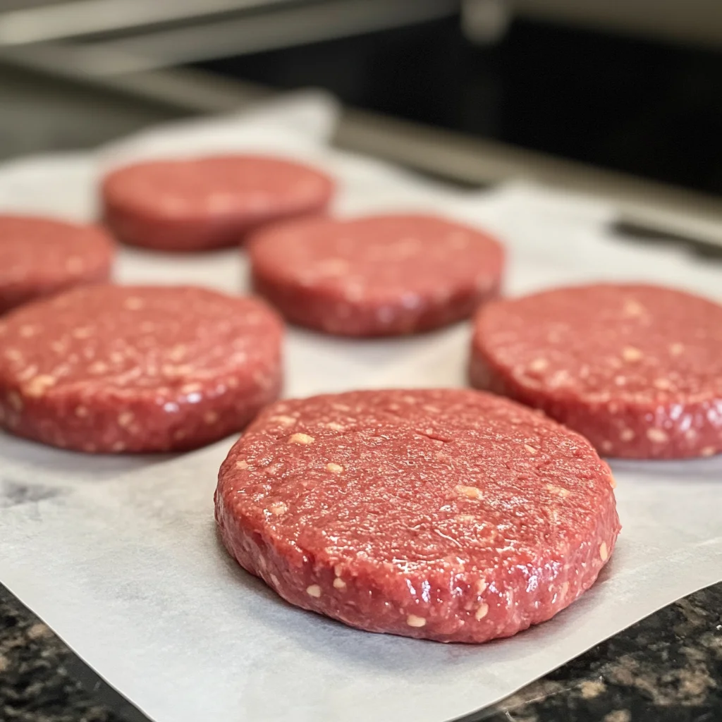 Shaped burger patties with a dimple in the center.