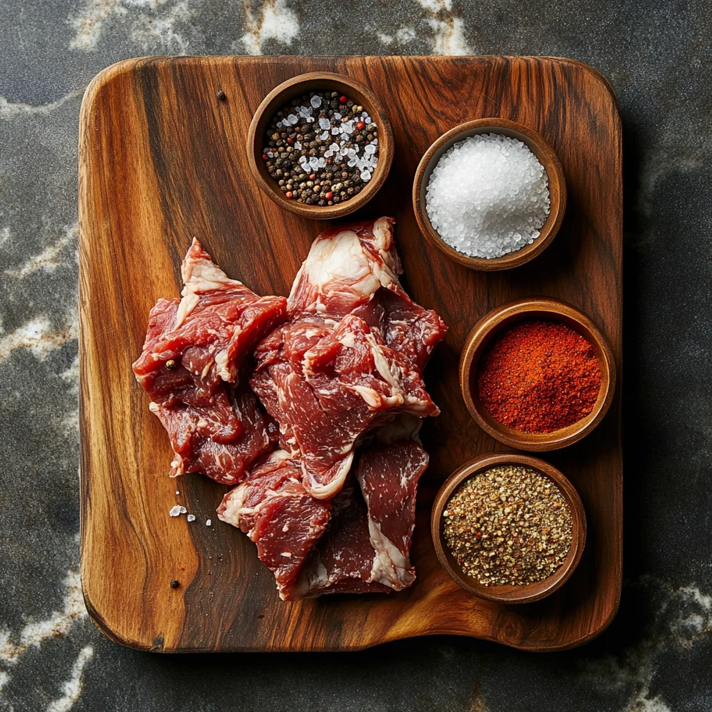 Raw ground meat with seasoning ingredients on a wooden cutting board.