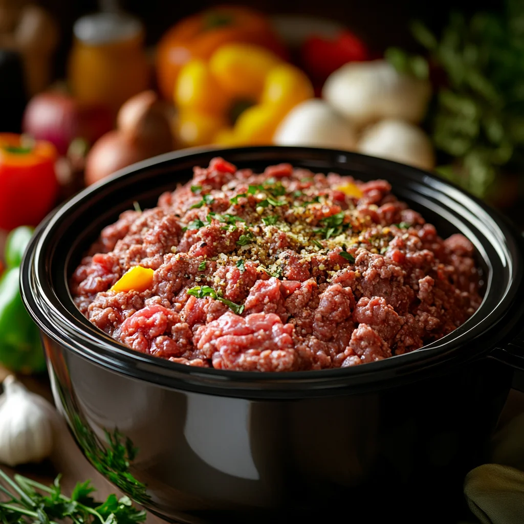 Raw ground beef in a crock-pot ready to be cooked