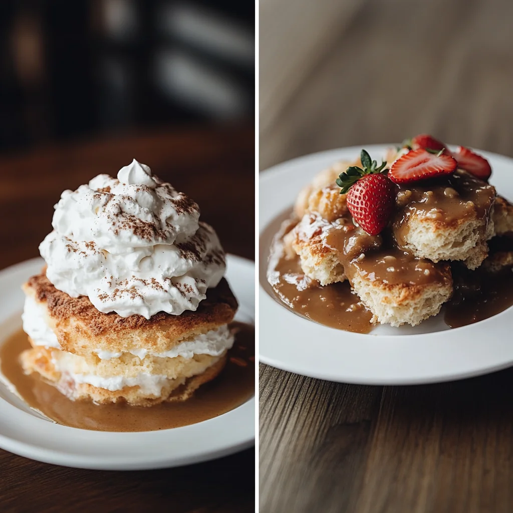 Cross-section of a shortcake and biscuit to showcase their textures.