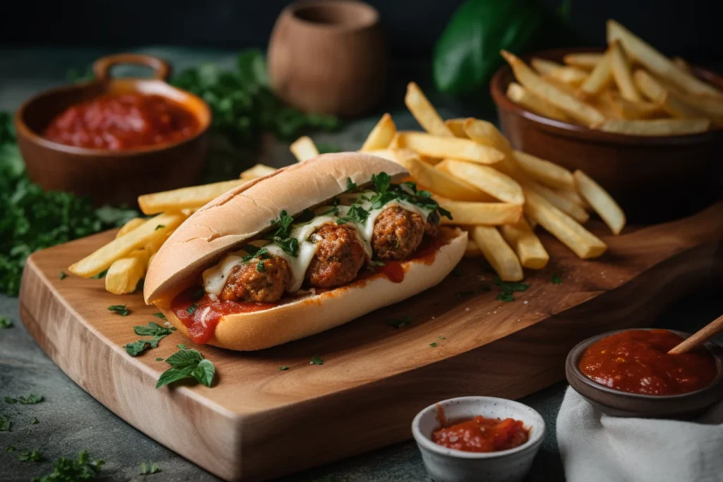 A turkey meatball sub served with fries and extra marinara sauce.