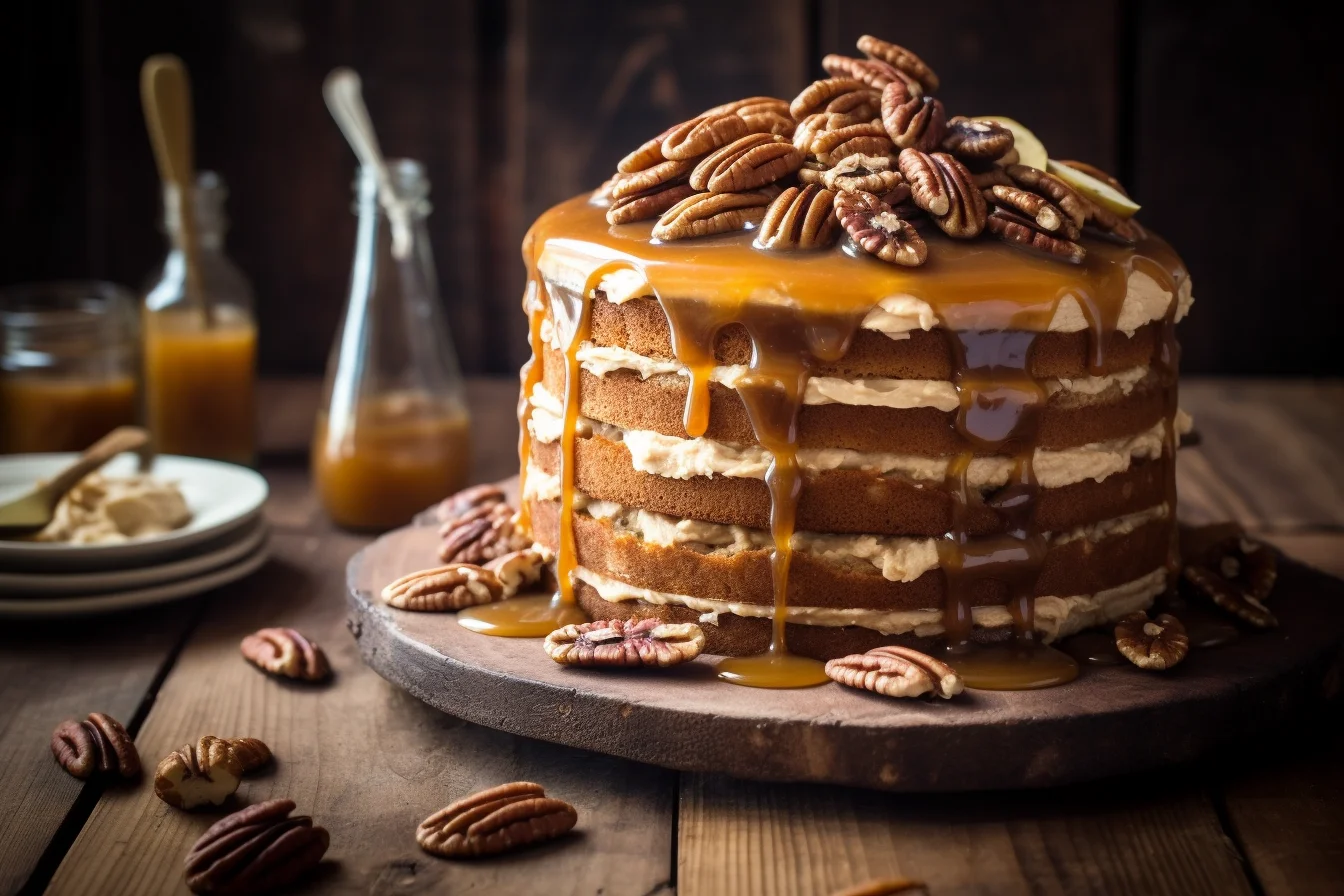 Banana pecan caramel layer cake with caramel dripping down the sides.