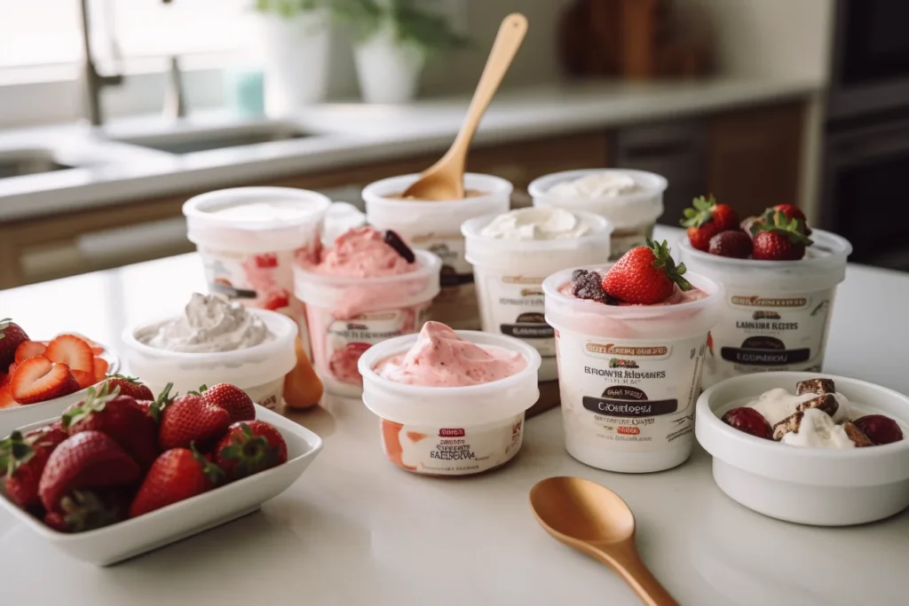 Different brands of strawberry cream cheese.