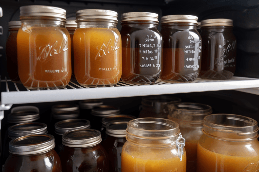 Glass jars filled with caramel syrup, labeled and stored in a refrigerator.
Alt: Proper storage of caramel syrup.