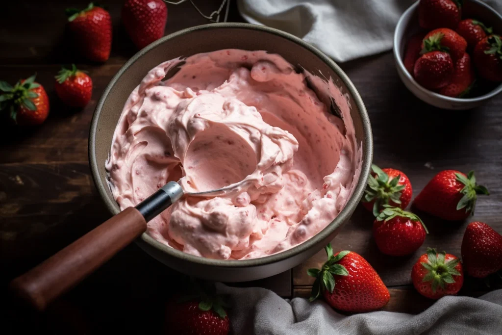 Curdled strawberry cream cheese in a bowl.