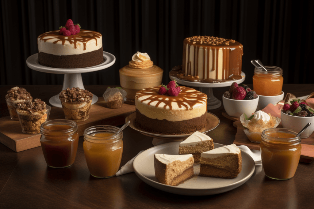 Desserts drizzled with caramel syrup.