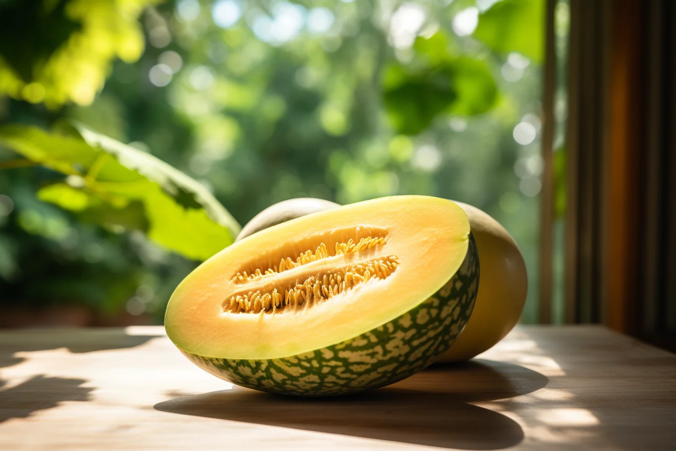Freshly sliced yellow watermelon on a wooden table with green leaves.