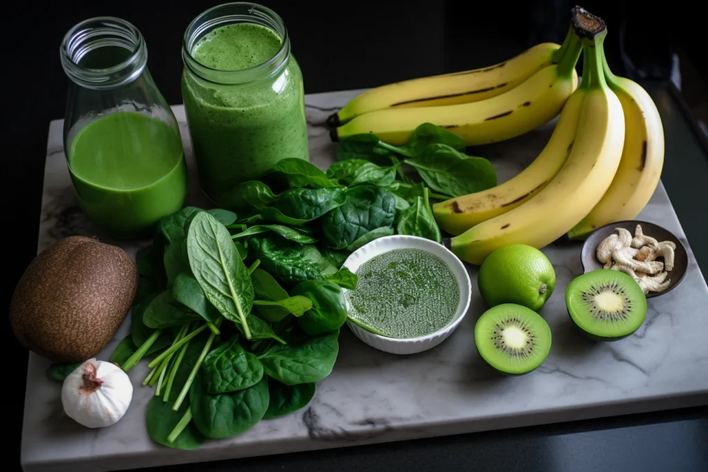 Green detox smoothie ingredients laid out.