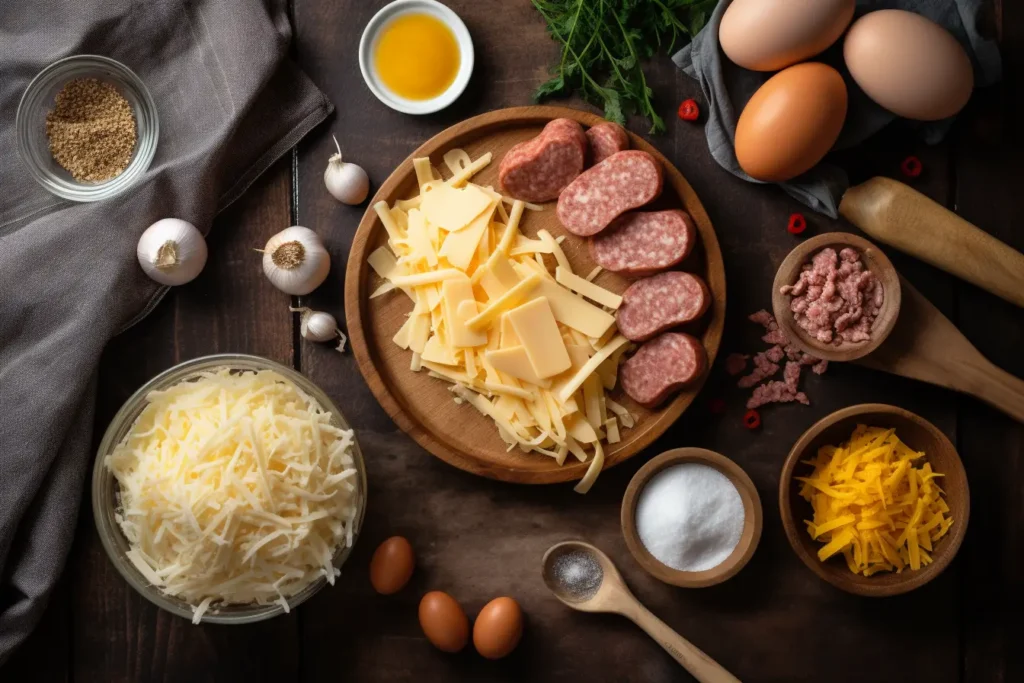 Ingredients for making sausage egg muffins.