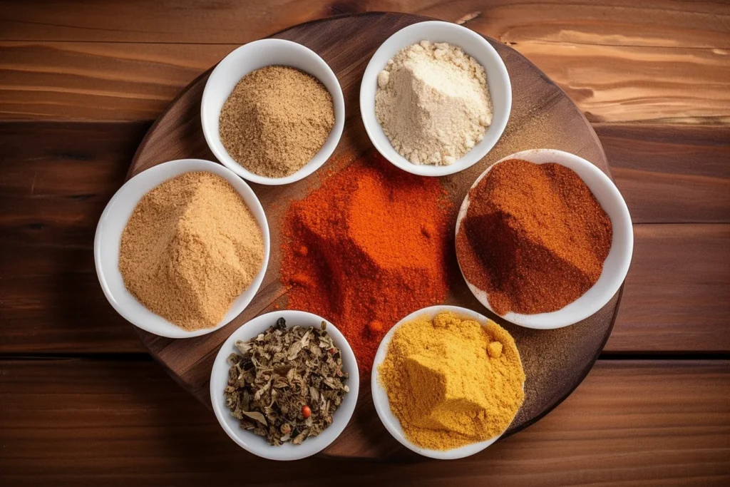 Key spices for fish taco seasoning displayed on a wooden surface.