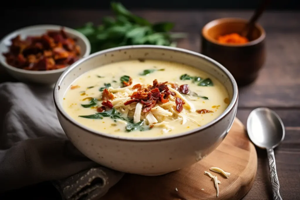 A warm bowl of Marry Me Chicken Soup garnished with basil and parmesan.