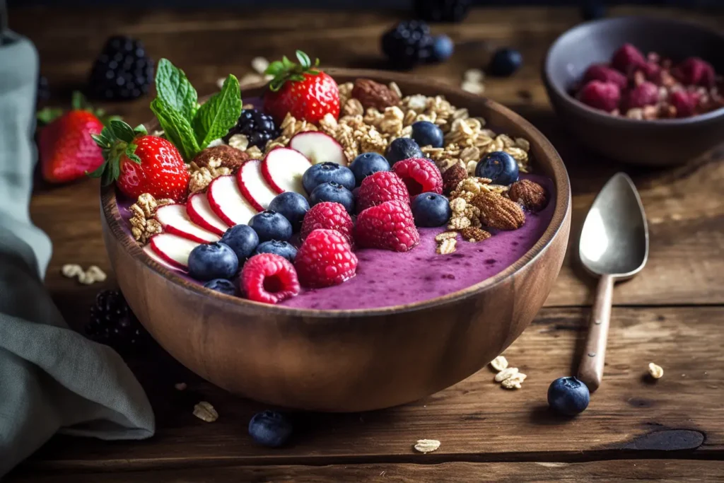 Berry Blast Smoothie Bowl made with Welch’s juice and topped with granola and fresh fruits.