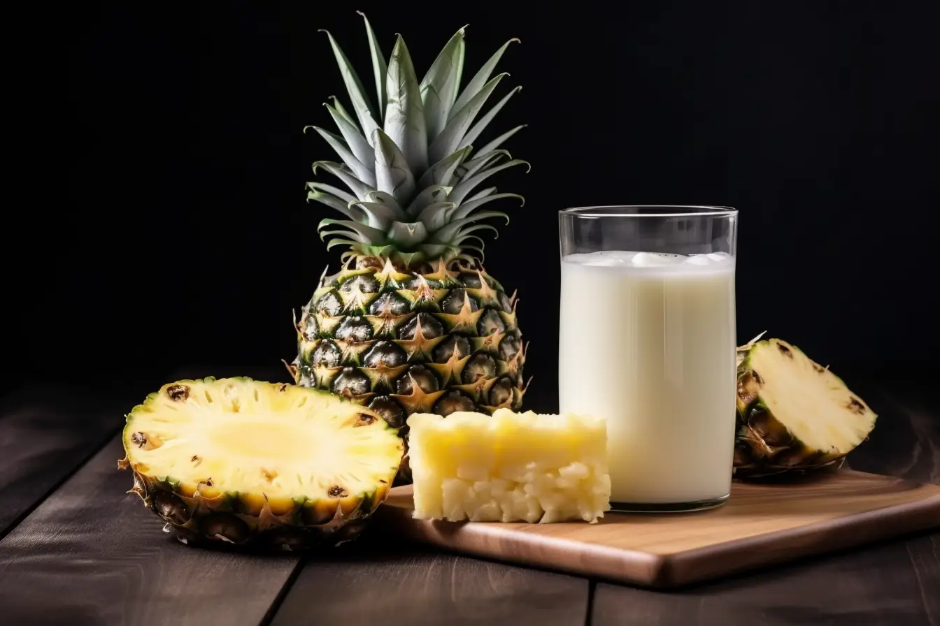 Fresh pineapple slices and a glass of milk on a counter.