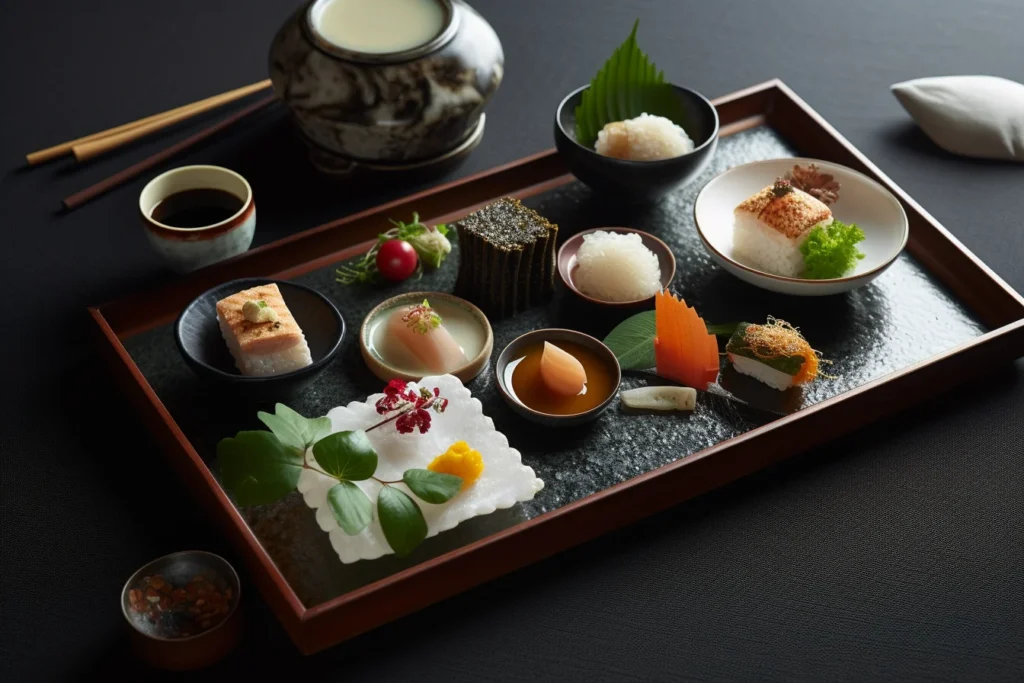 Onigiri served with miso soup, pickled vegetables, and green tea.