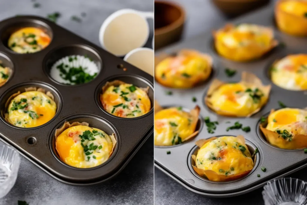 Step-by-step preparation of calorie egg muffins.