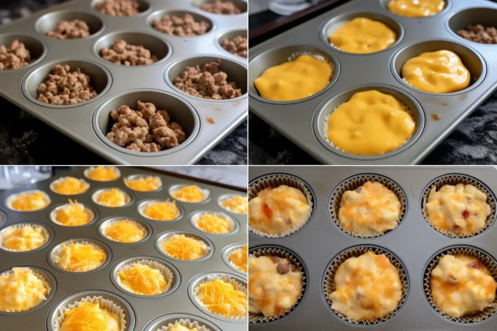 Step-by-step preparation of sausage egg muffins.