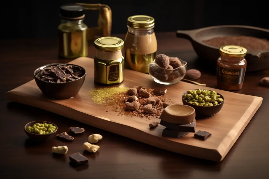 A professional presentation of Dubai chocolate recipe ingredients, including saffron, dates, and cocoa.