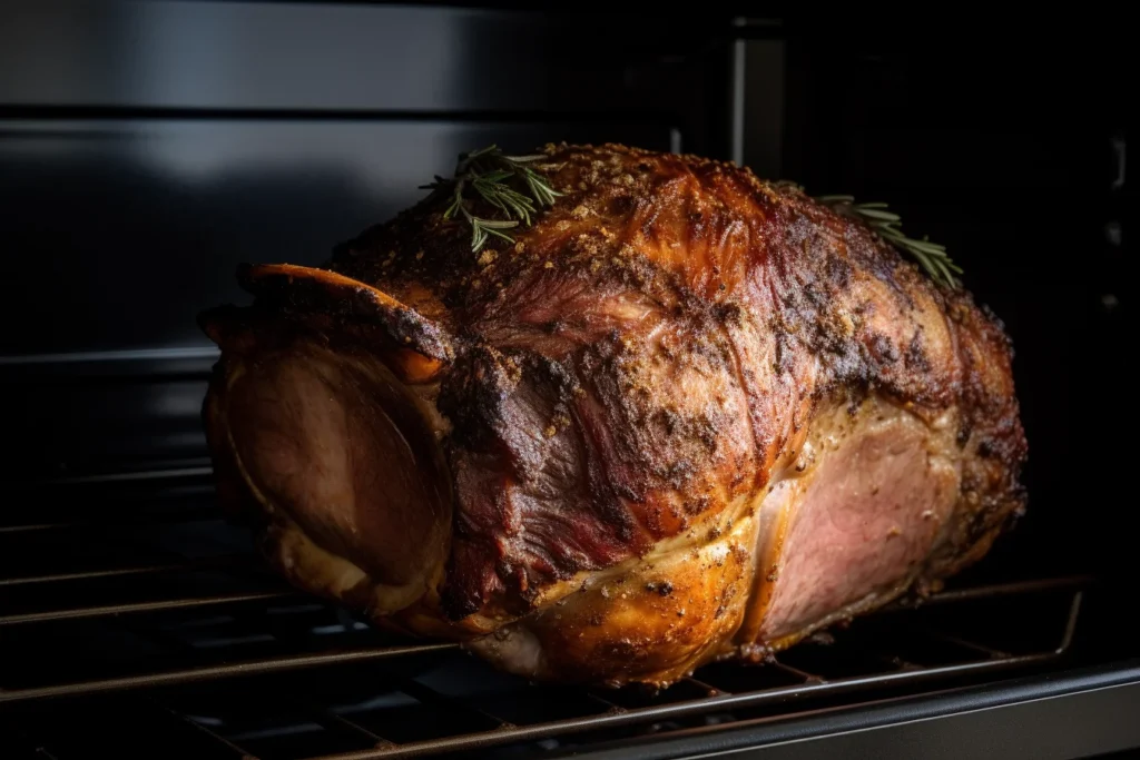 Prime rib roast cooking in an oven.