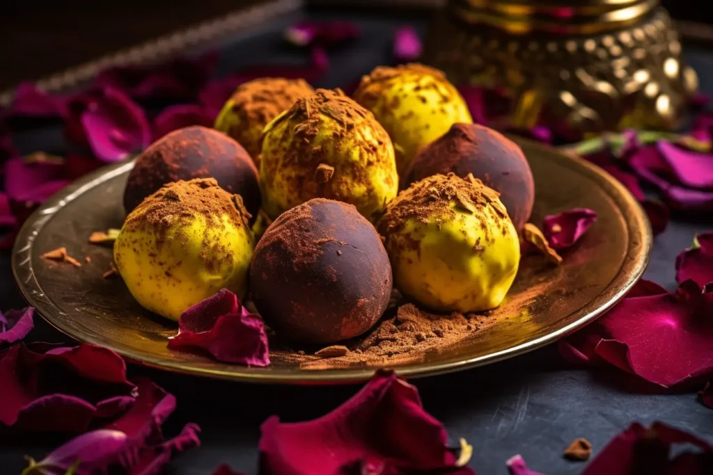 Saffron-infused chocolate truffles garnished with rose petals.