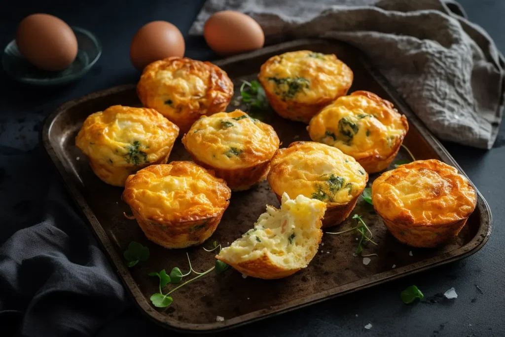 Egg muffins stored in an airtight container with a freezer bag nearby.