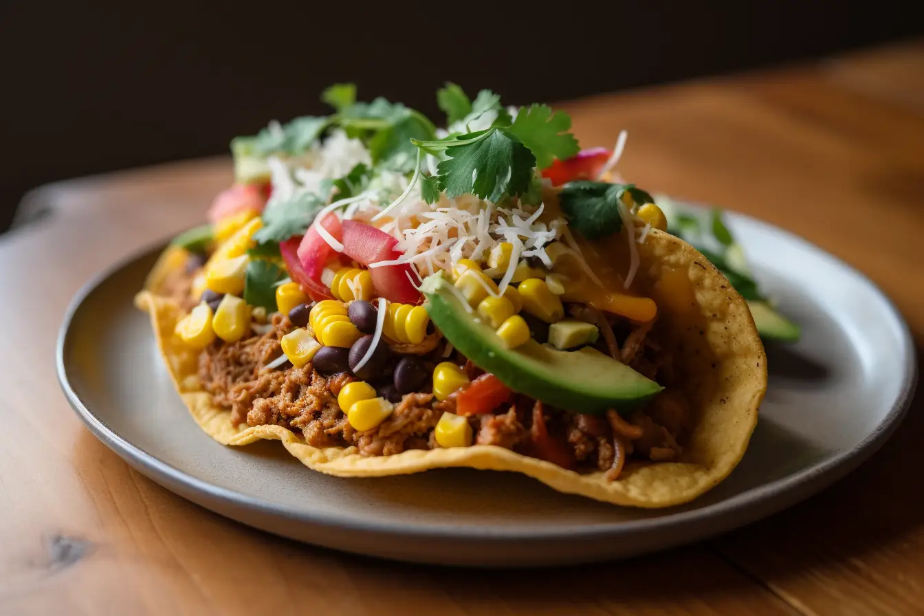Delicious taco on a freshly made corn tortilla with colorful toppings.