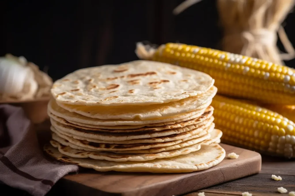 Stack of corn and flour taco tortillas on a wooden surface.