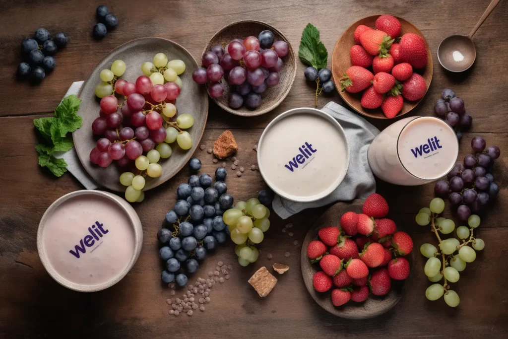 Ingredients for Welch's Protein Smoothie, including fresh fruits, protein powder, milk, and chia seeds.
