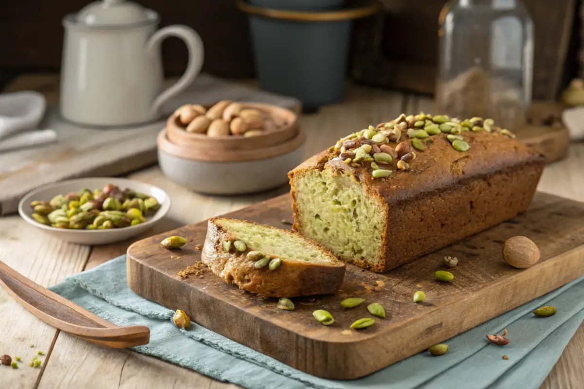 Freshly baked homemade pistachio bread on a wooden board with pistachios.