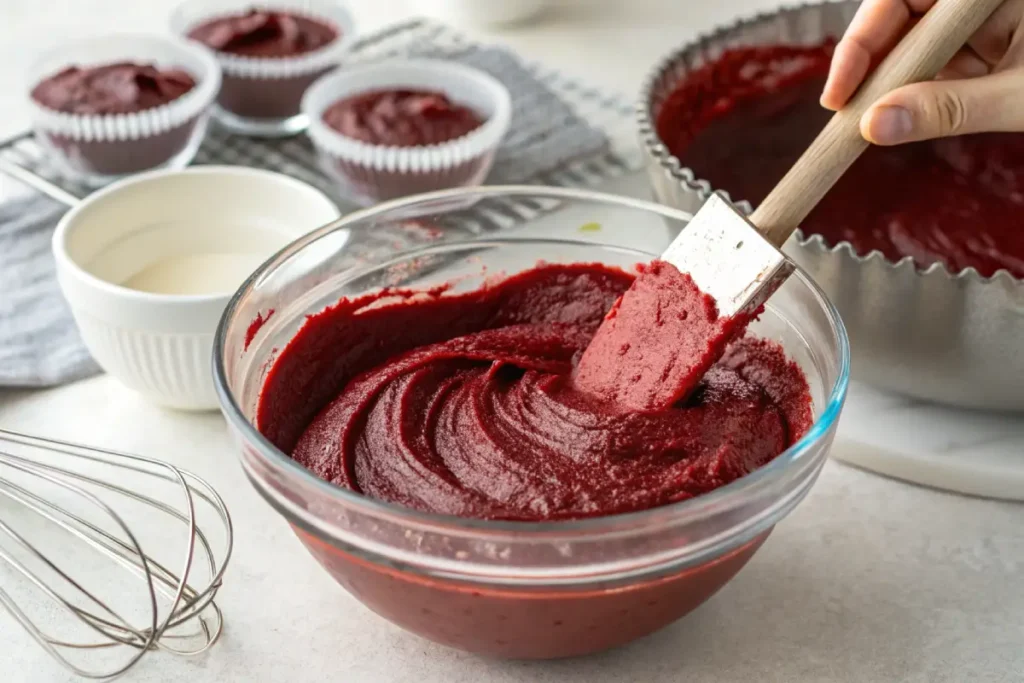 Mixing the red velvet pound cake batter.