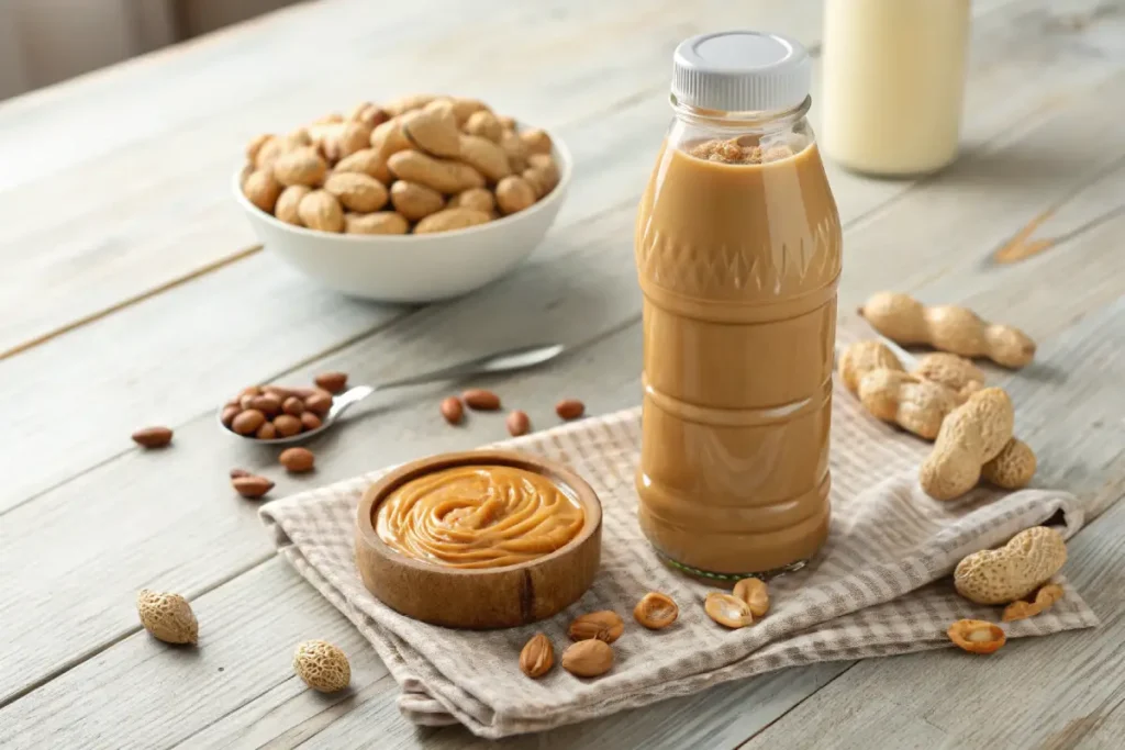 A bottle of Peanut Butter Juice Nestlé with a rich, creamy texture and fresh peanuts around it.
