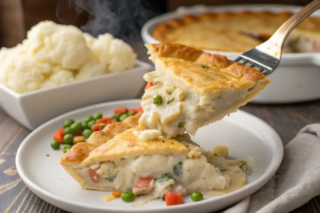 A slice of Bisquicks Chicken being served, showing its creamy filling.